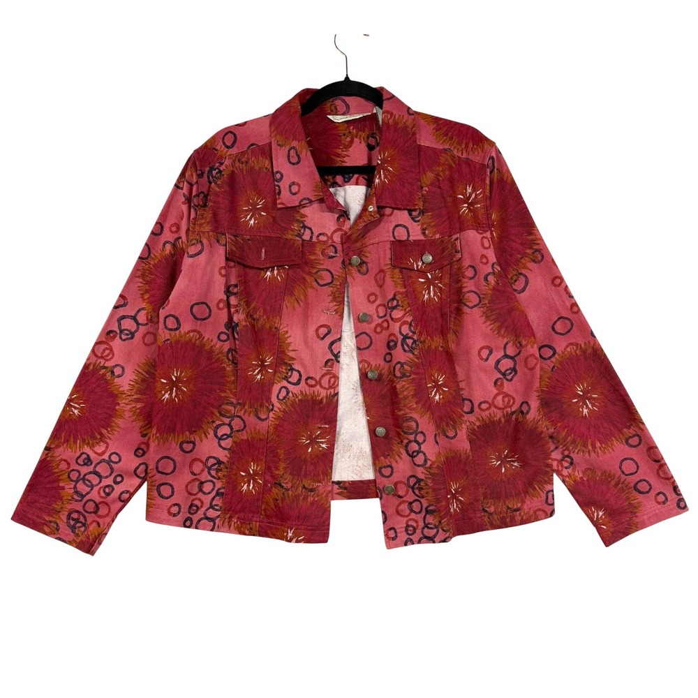 VTG French Laundry XL Red Abstract Floral Print Denim Jacket Artsy Indie Funky
